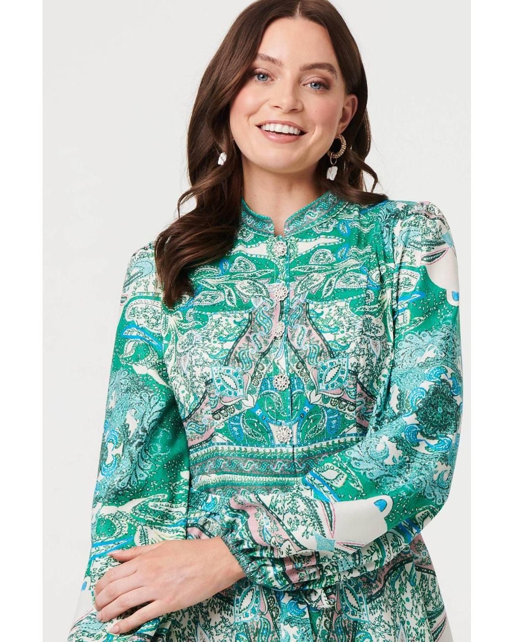 Izabel London Green Printed Long Sleeve Tie Midi Dress