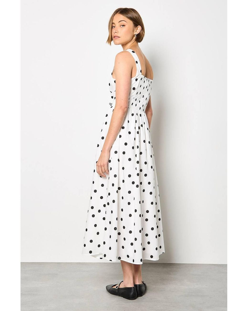 Apricot White Polka Dot Smocked Midi Dress