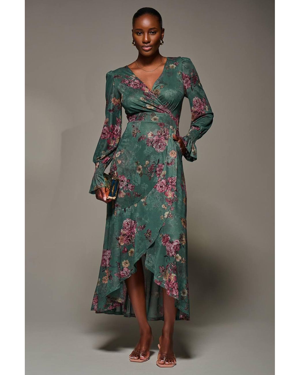 Jolie Moi Green Long Sleeve Frill Hem Mesh Maxi Dress