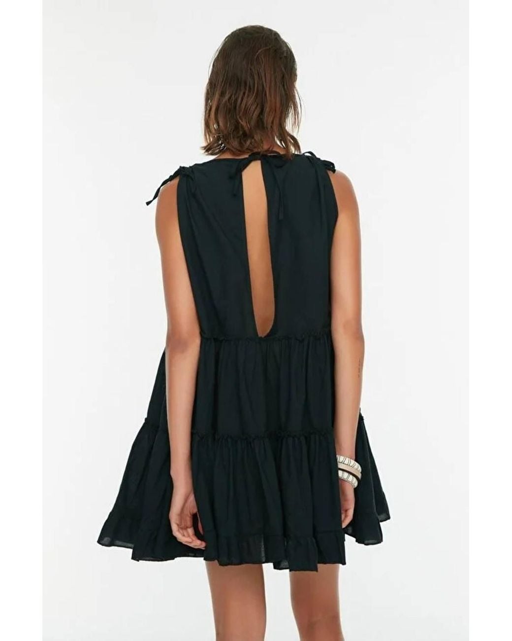 WOVCOR Blue Cotton Tiered Mini Dress W/ Tie Shoulder Detail
