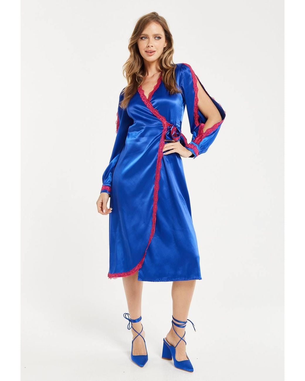 Liquorish Blue Royal Satin Midi Wrap Dress
