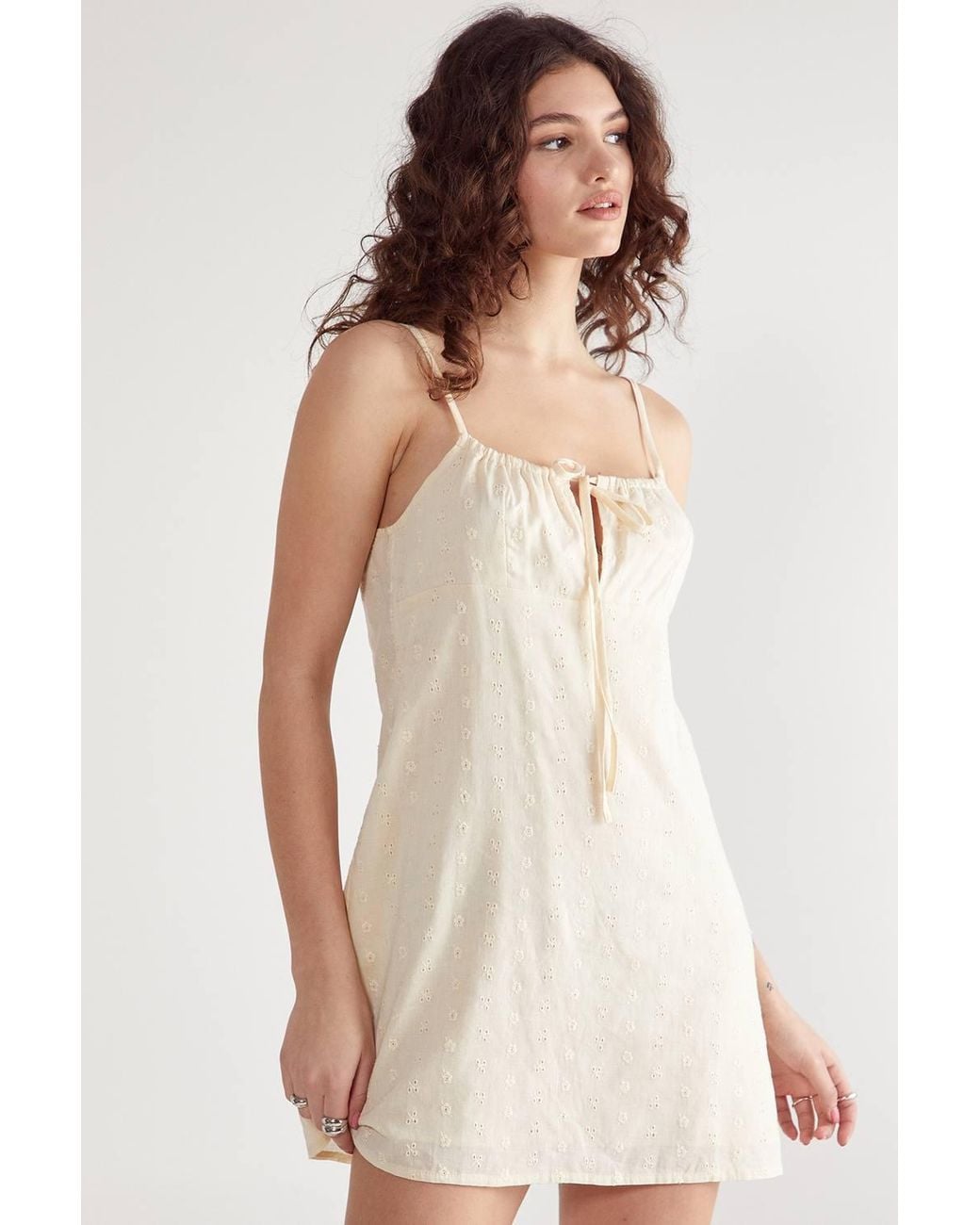 Nasty Gal Natural Broderie Ruched Tie Front Strappy Mini Dress