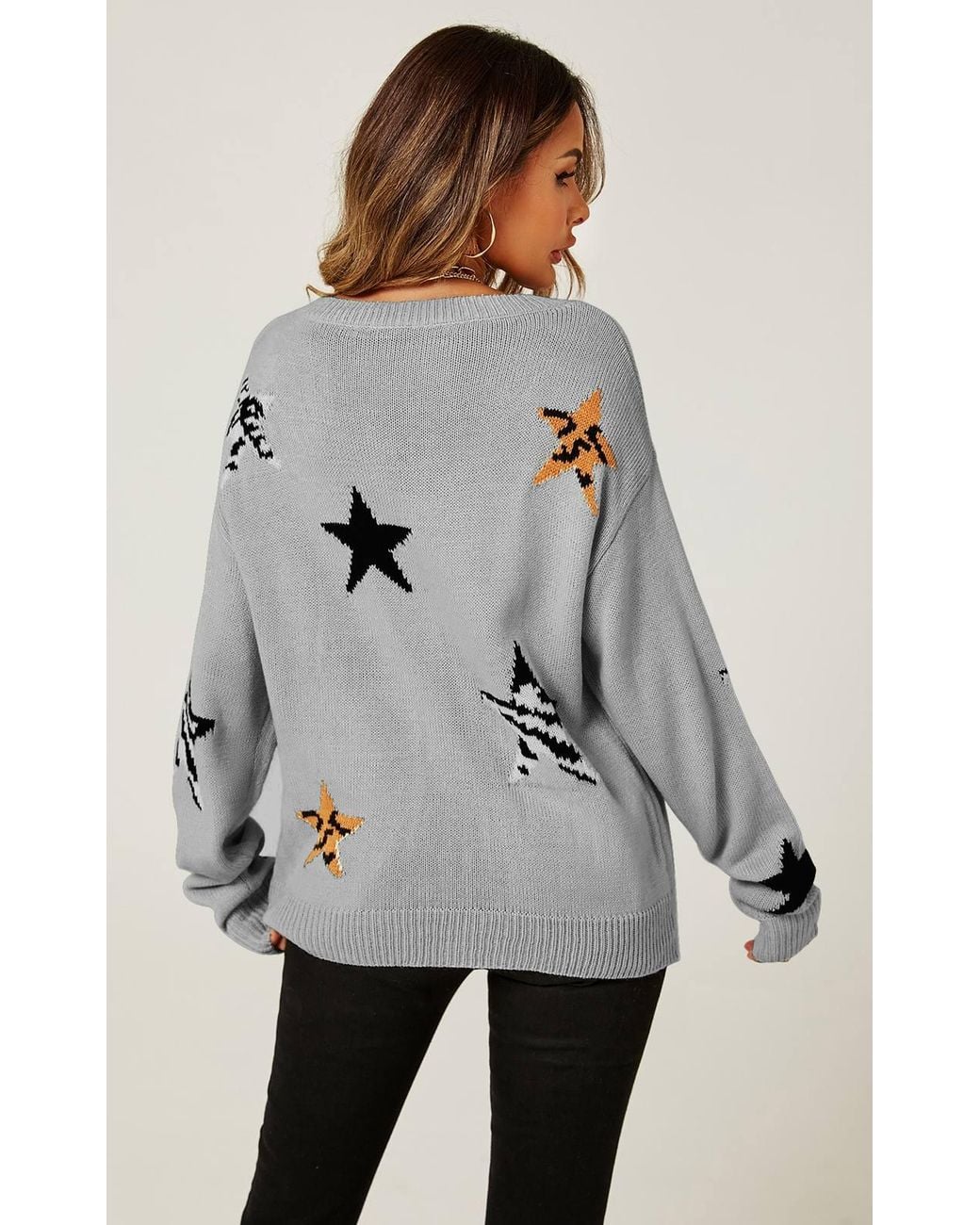 FS Collection Gray Relaxed Soft V Neck Animal Star Pattern Jumper Top