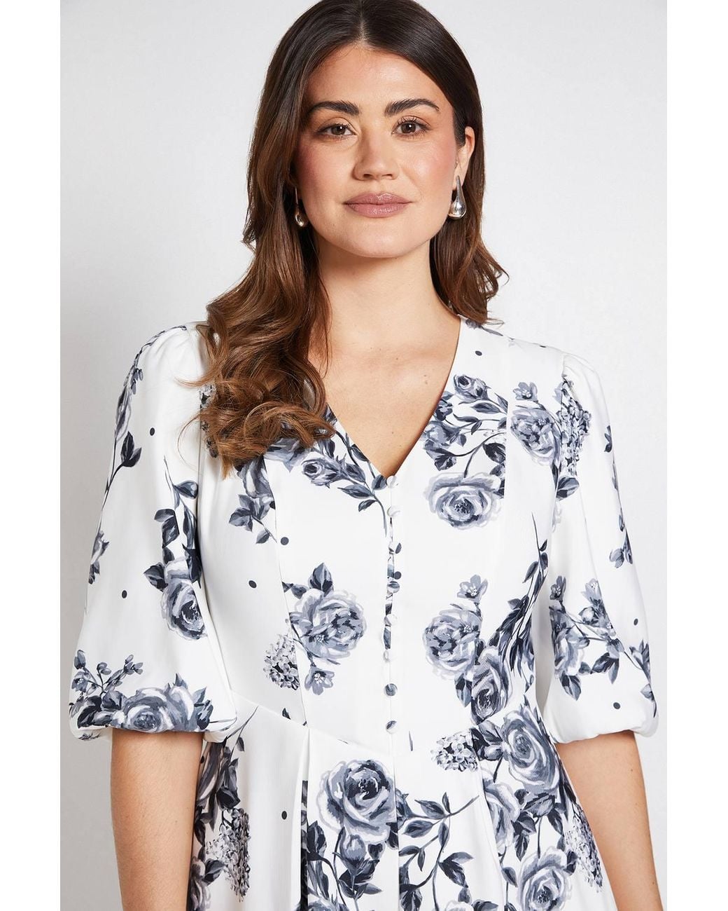 Wallis White Floral Polka Dot Button Ottoman Twill Midi Dress