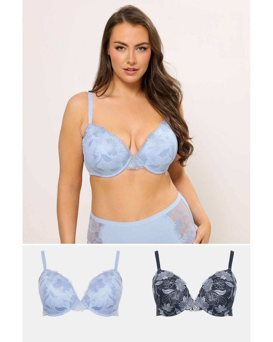 Yours Blue 2 Pack Embroidered Floral Padded Bras