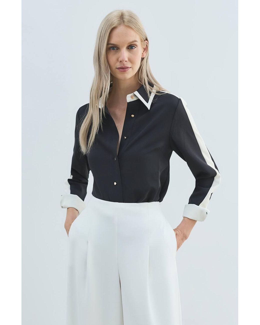 Karen Millen Blue Forever Colour Block Twill Woven Shirt