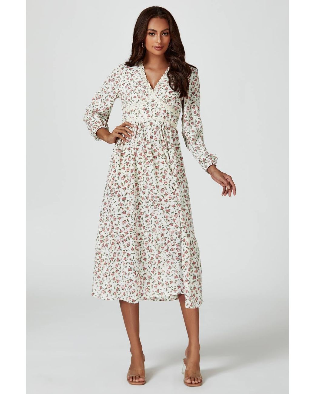 FS Collection White Floral Print Long Sleeve Midi Dress