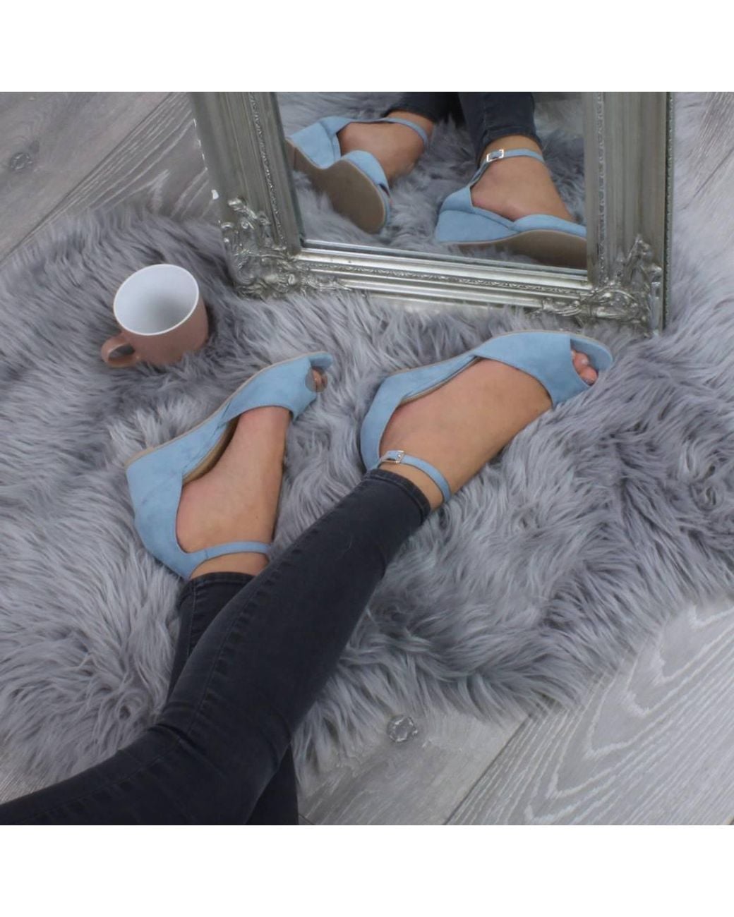 AJVANI Blue Mid Wedge Heel Ankle Strap Sandals