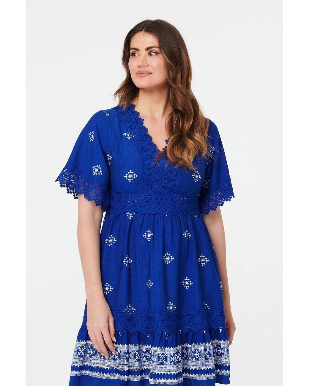 Izabel London Blue Border Print Lace 1/2 Sleeve Short Dress