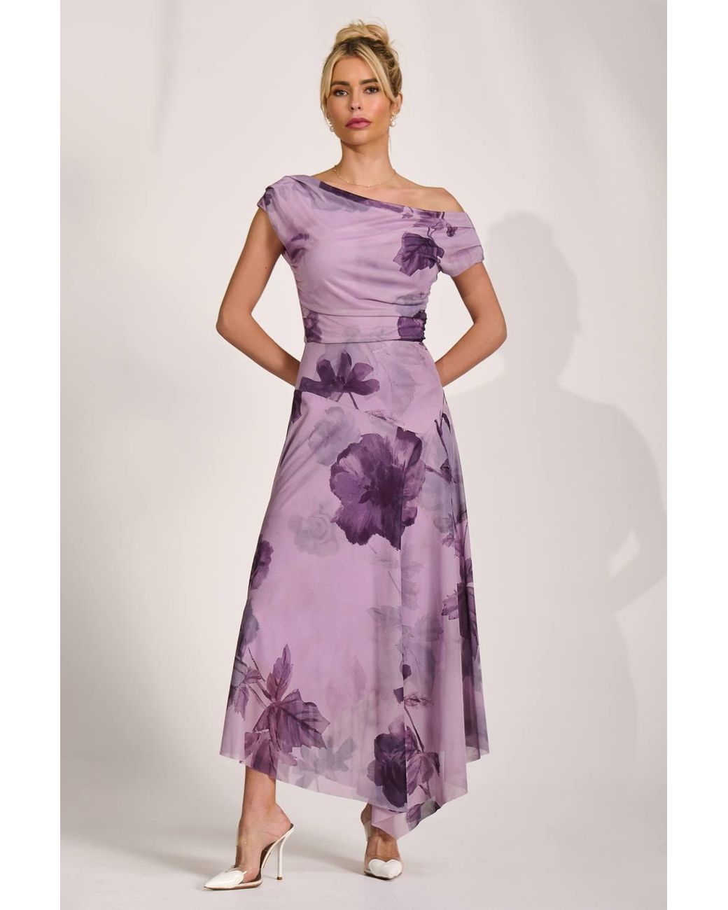 Jolie Moi Pink Asymmetrical Draped Mesh Maxi Dress