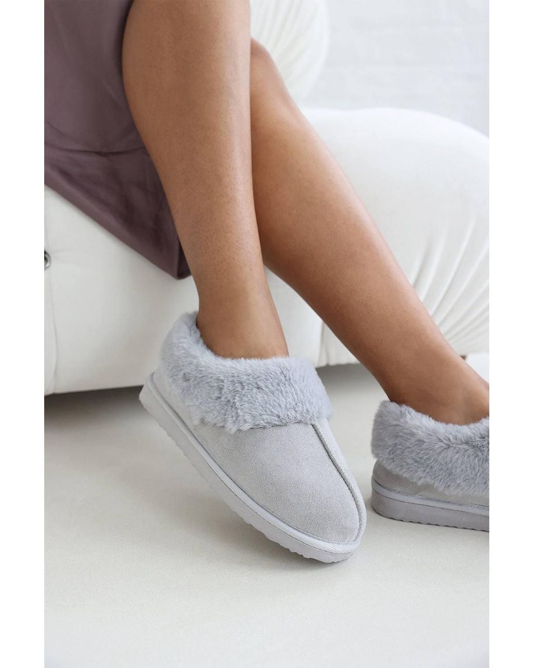 Where's That From White Inaya Mule Slippers W/ Faux Fur Collar Trim