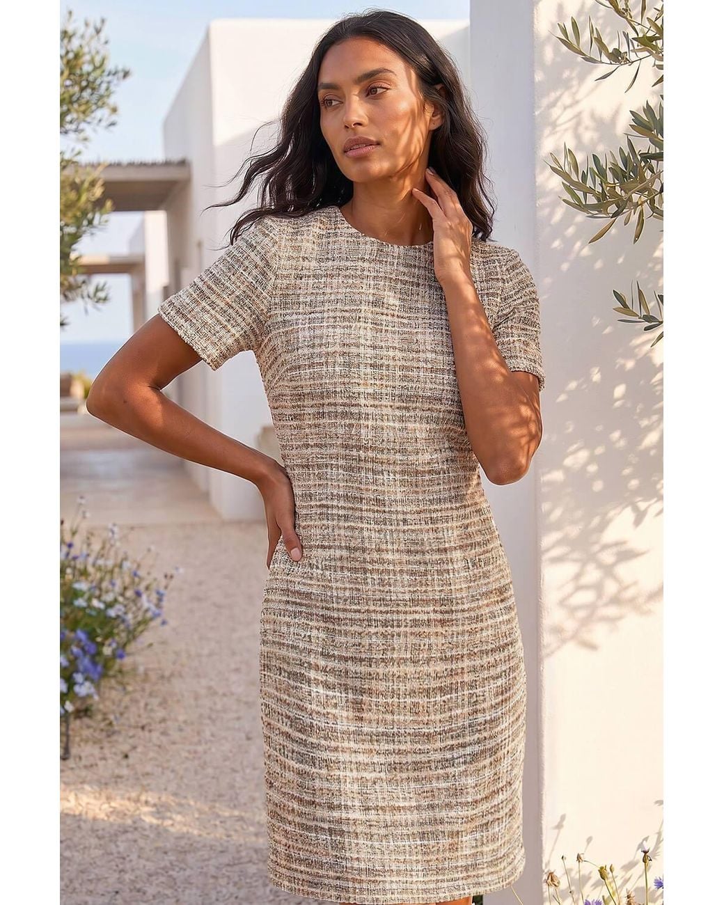 Roman Brown Textured Pocket Stretch Shift Dress