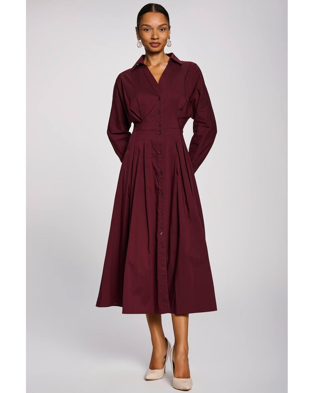 Jolie Moi Red Long Sleeve Cotton Shirt Dress