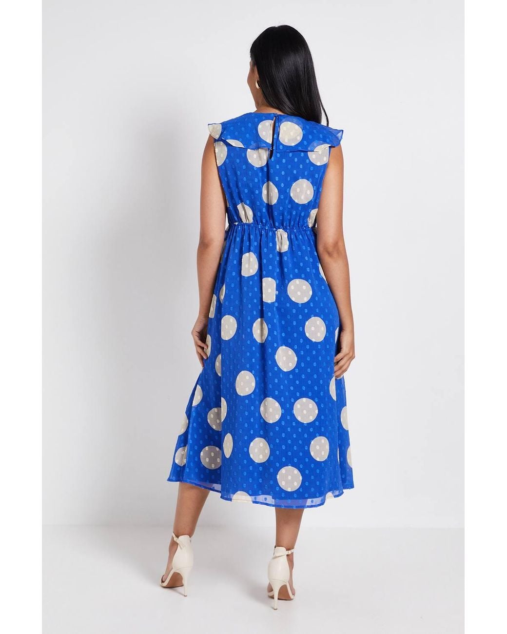 Wallis Blue Petite Polka Dot Dobby Ruffle Midi Dress