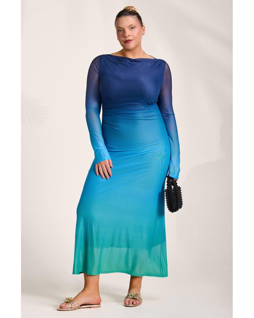 Jolie Moi Blue Long Sleeve Slash Neck Mesh Maxi Dress
