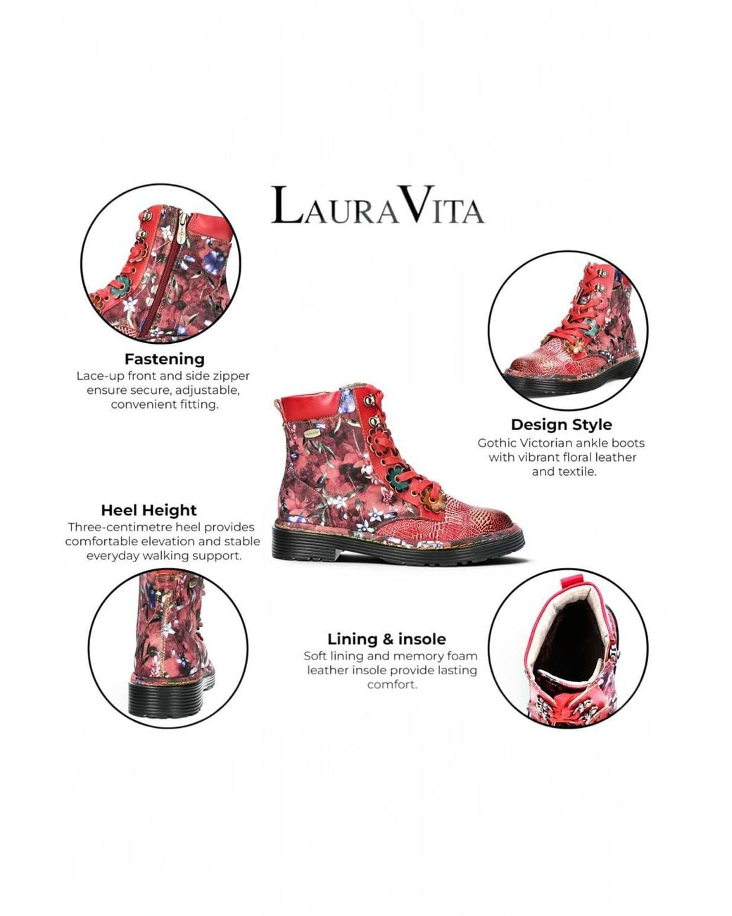 Infinity Leather Red Gothic Victorian Floral Leather Lace-Up Boots