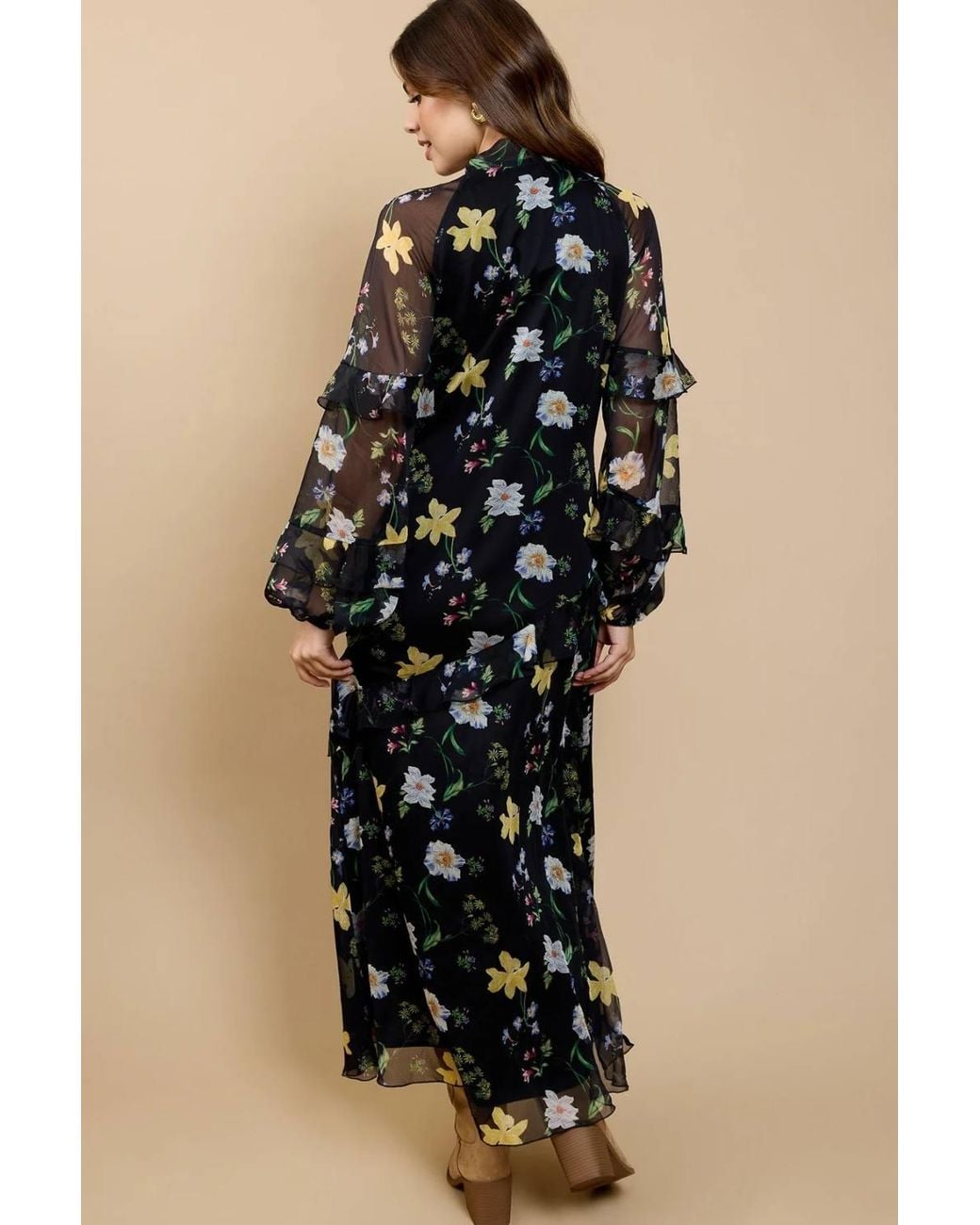 Little Mistress Natural Floral Print Frill Midaxi Dress