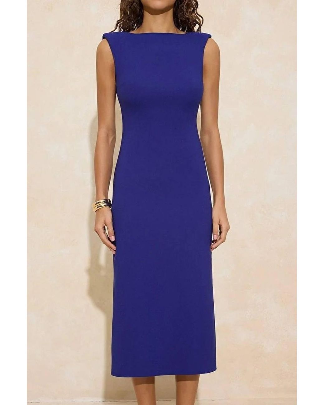WOVCOR Blue Boat Neck Sleeveless Bodycon Woven Midi Dress