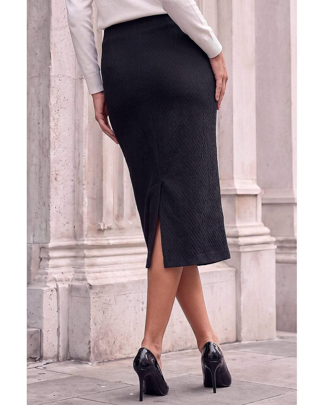 Roman Blue Textured Elastic Waist Pencil Midi Skirt