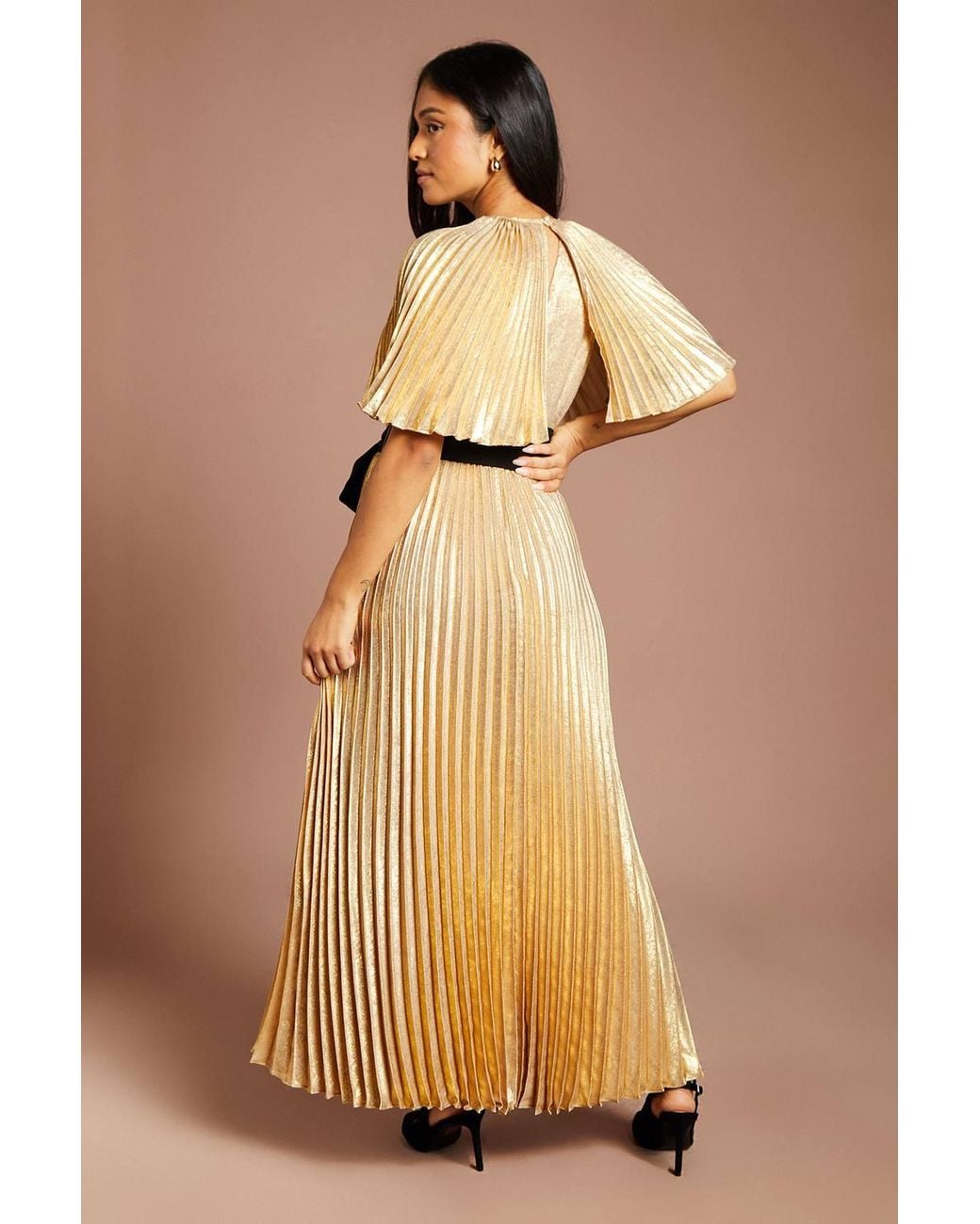Coast Natural Petite Muse Pleated Cape Detail Metallic Maxi Dress W/ Tie