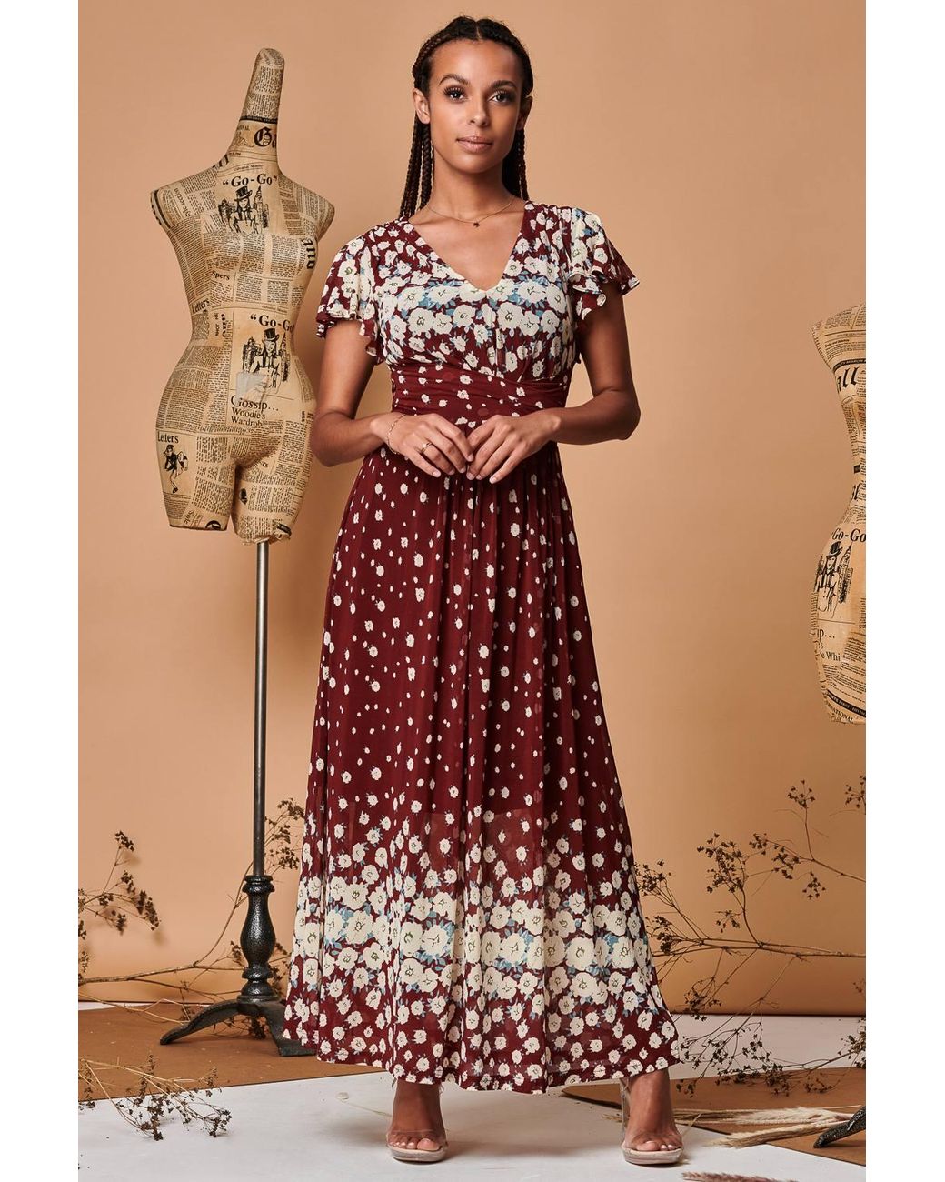 Jolie Moi Brown Carlii Symmetrical Print Mesh Maxi Dress