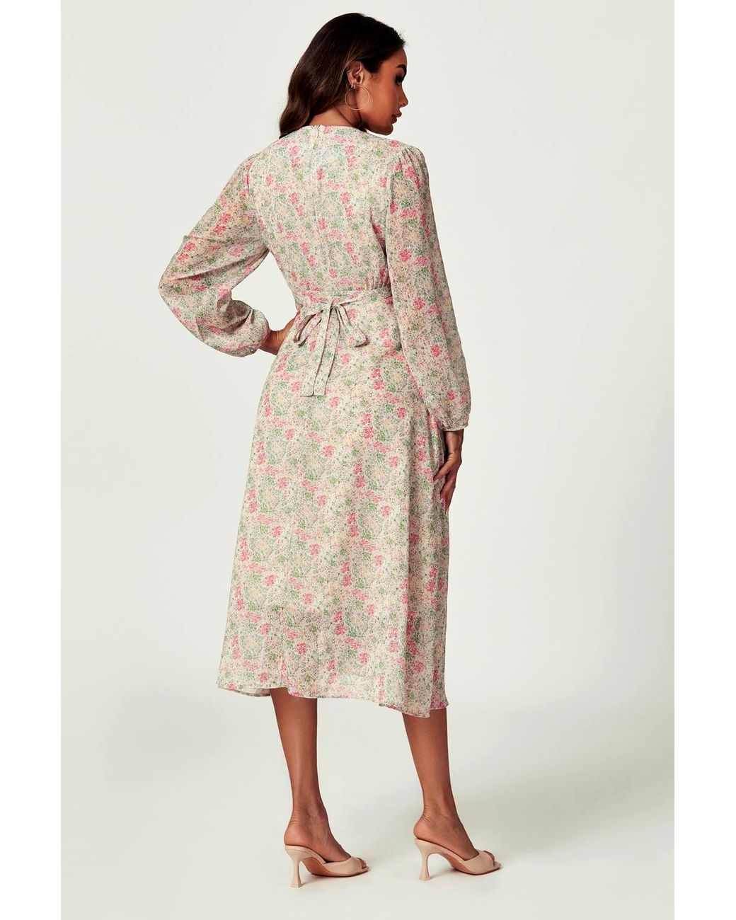 FS Collection Multicolor Floral Print Long Sleeve Midi Dress