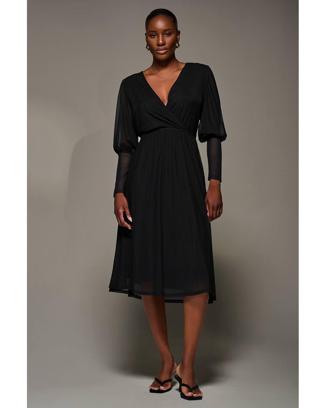 Jolie Moi Black Mesh Long Puff Sleeve Wrap Midi Dress