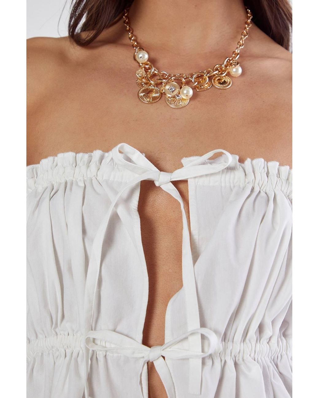 Nasty Gal White Cotton Poplin Bandeau Ruched Tie Front Top