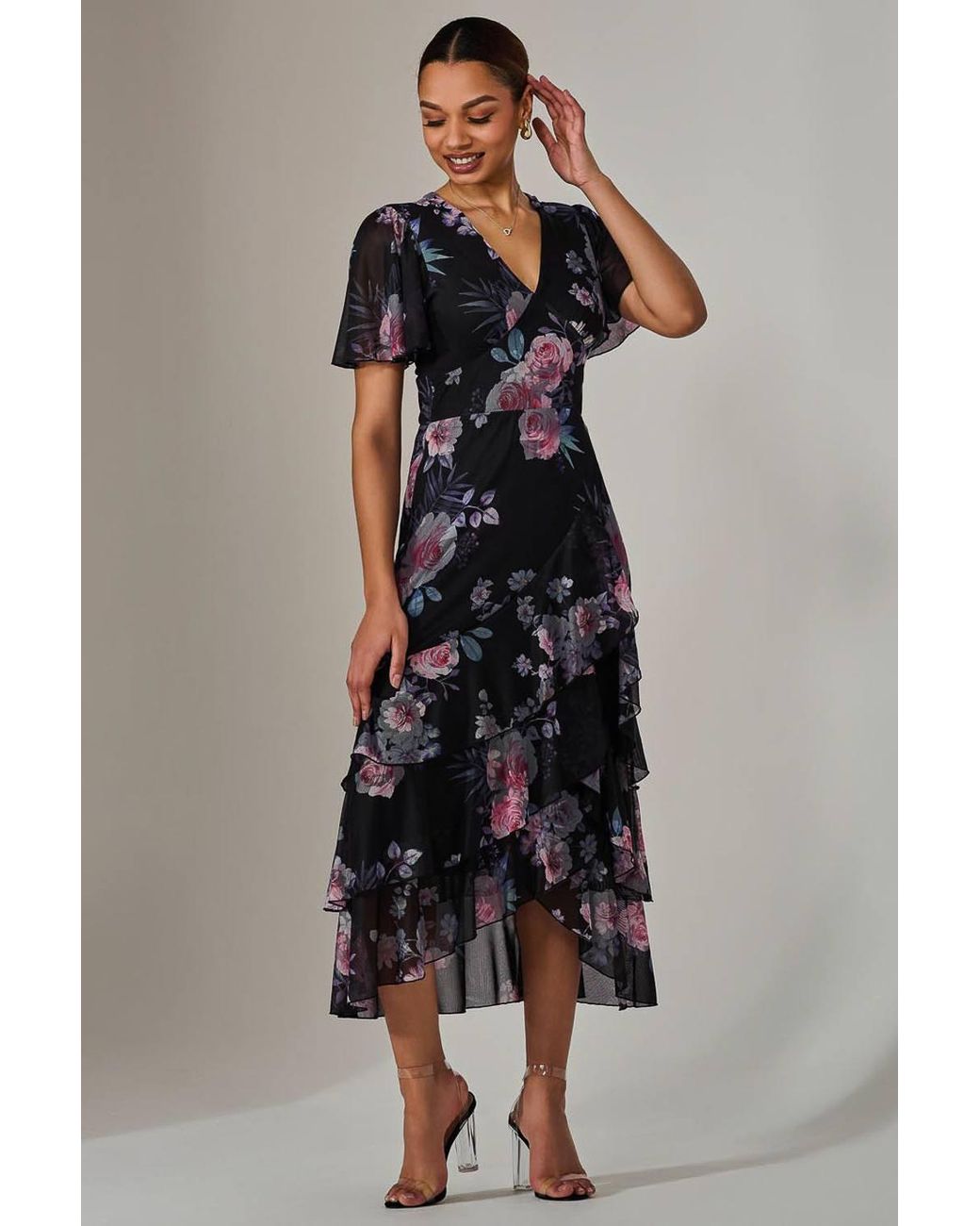 Jolie Moi Black Mesh Print Frill Hem Midaxi Dress