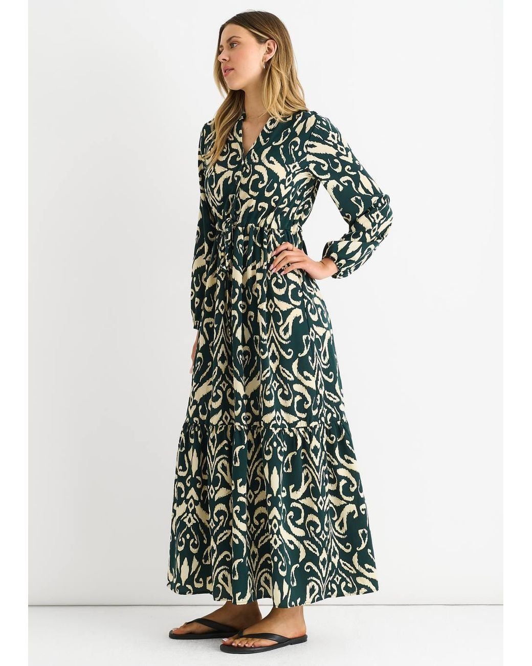 Gini London Green Ikat Print Tie Waist Maxi Dress