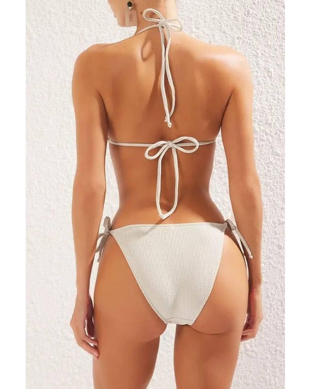 WOVCOR Natural Textured Triangle Bikini Set W/ Ring Detail & Tie Side Bottom