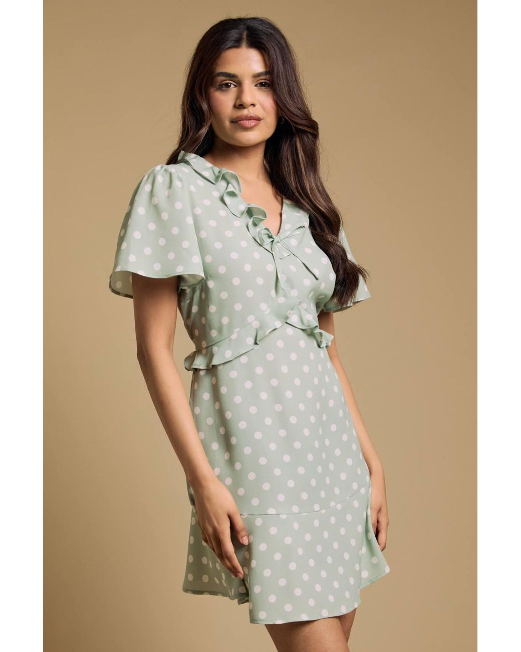 Dorothy Perkins Natural Petite Tie Front Ruffle Sleeve Printed Mini Dress