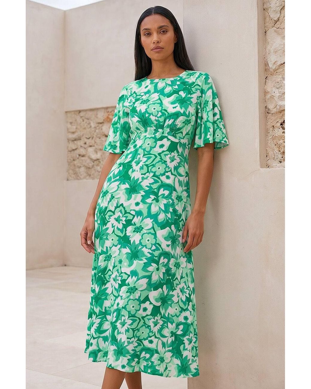 Roman Green Floral Print Angel Sleeve Midi Dress