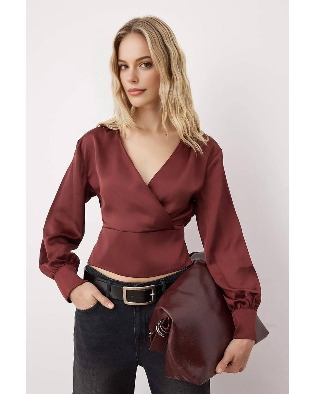 WOVCOR Red Satin Woven Wrap Blouse W/ V Neck Detail