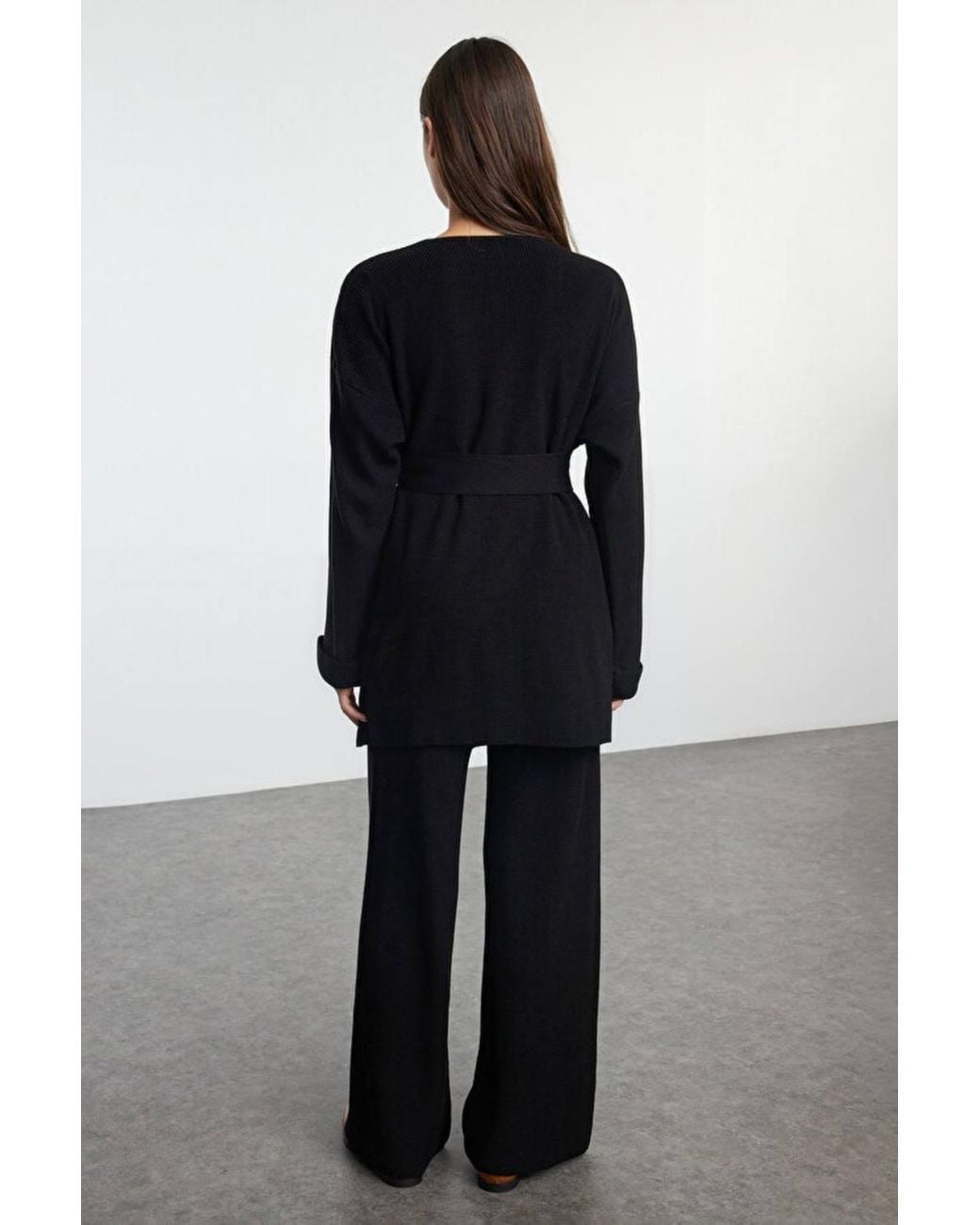 WOVCOR Black Oversized Tie Waist Knit Top & Wide Leg Pants Two Piece Set