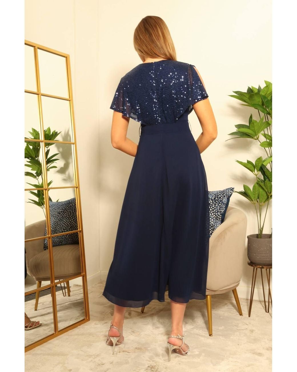 Double Second Blue Chiffon Dress With Sequin Cape