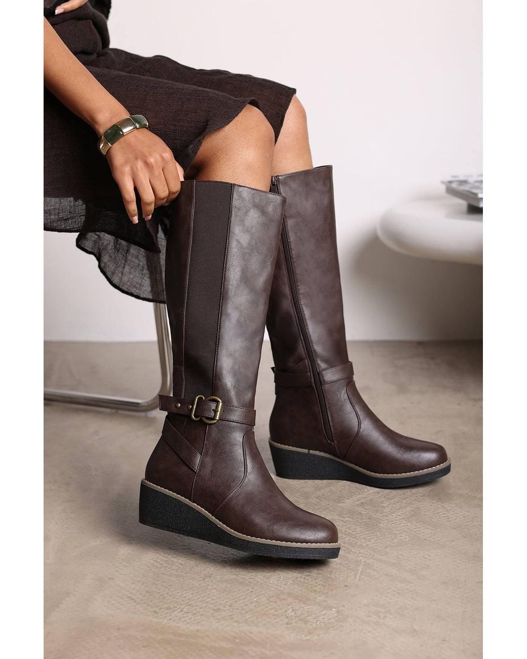 Where's That From Black 'Regina' Wide Fit Faux Leather Knee High Wedge Boots