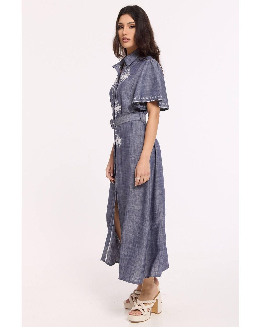 Liquorish Blue Linen Blend Embroidered Midi Dress