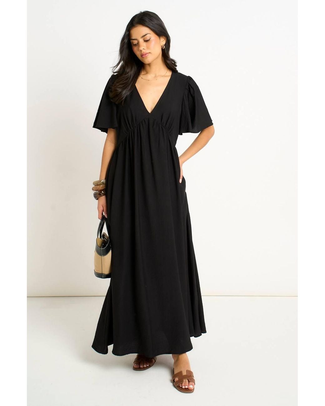 Gini London Black V Neck Angle Sleeves Skater Maxi Dress