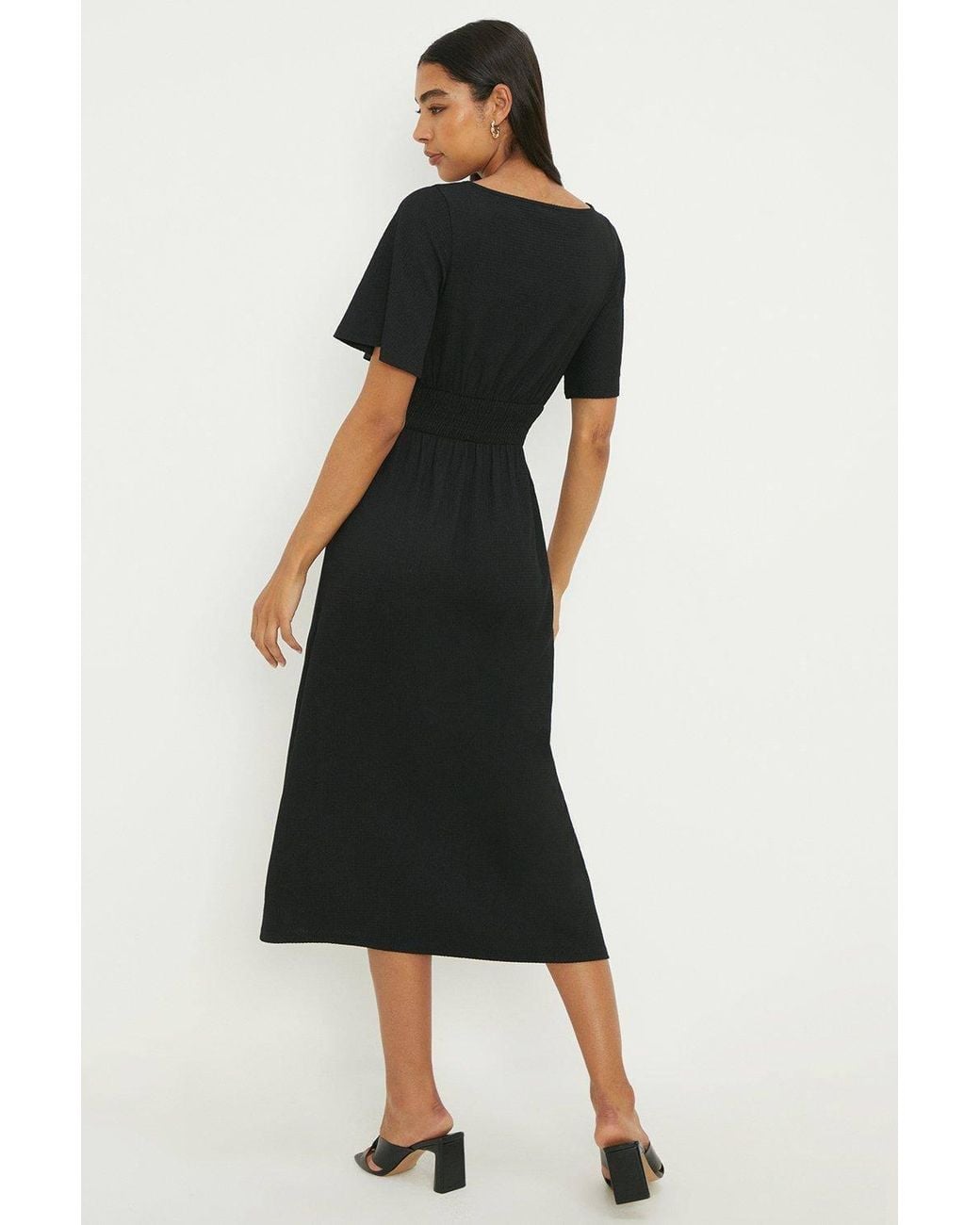Dorothy Perkins Black Shirred Waist Short Sleeve Midi Dress