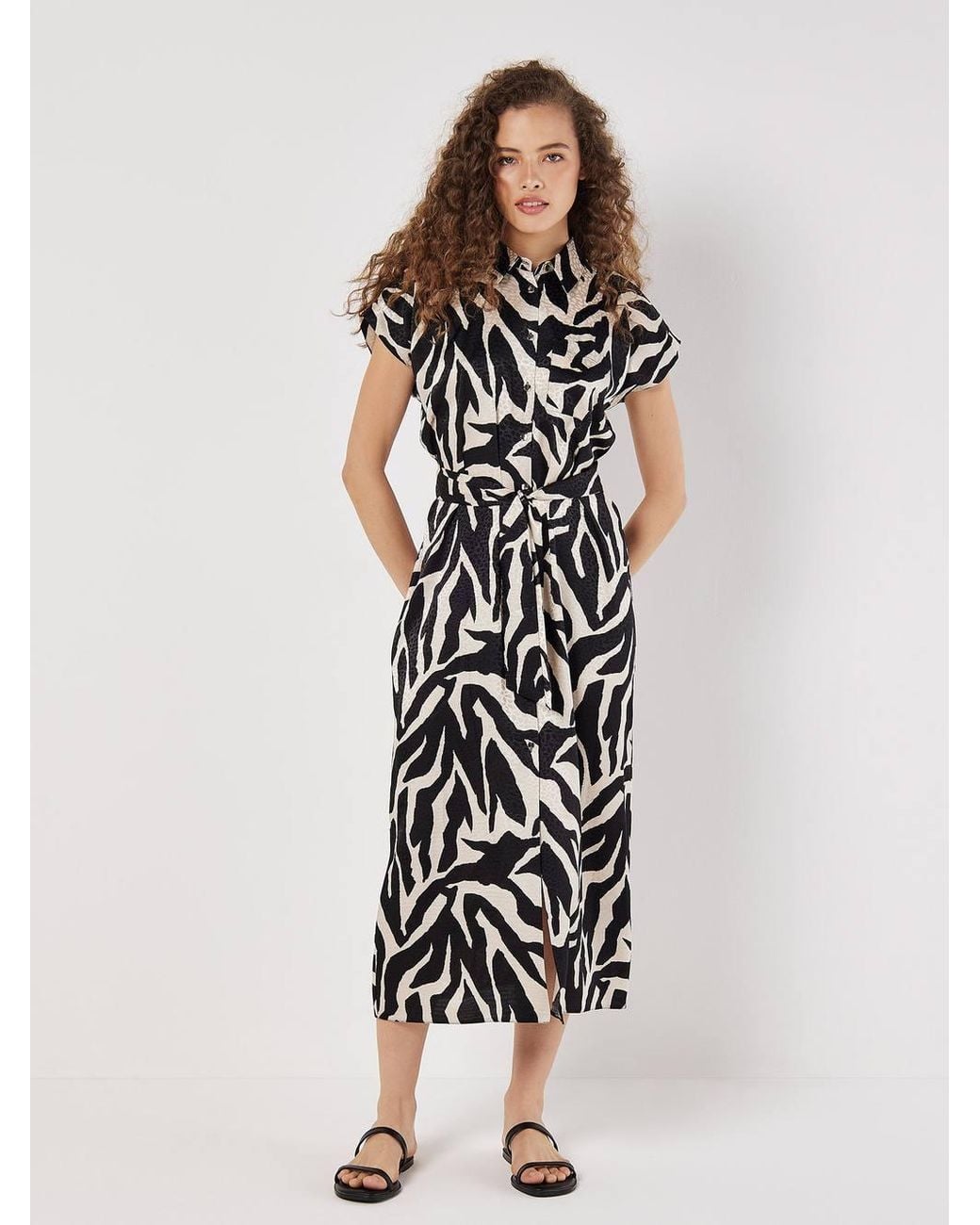 Apricot White Textured Satin Zebra Print Midi Dress