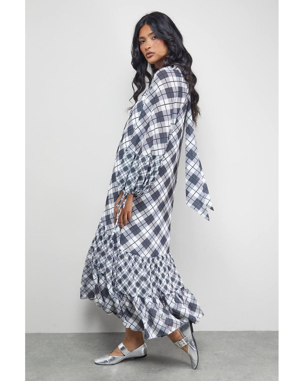 Warehouse Blue Tony Chiffon High Neck Tier Smock Midi Dress