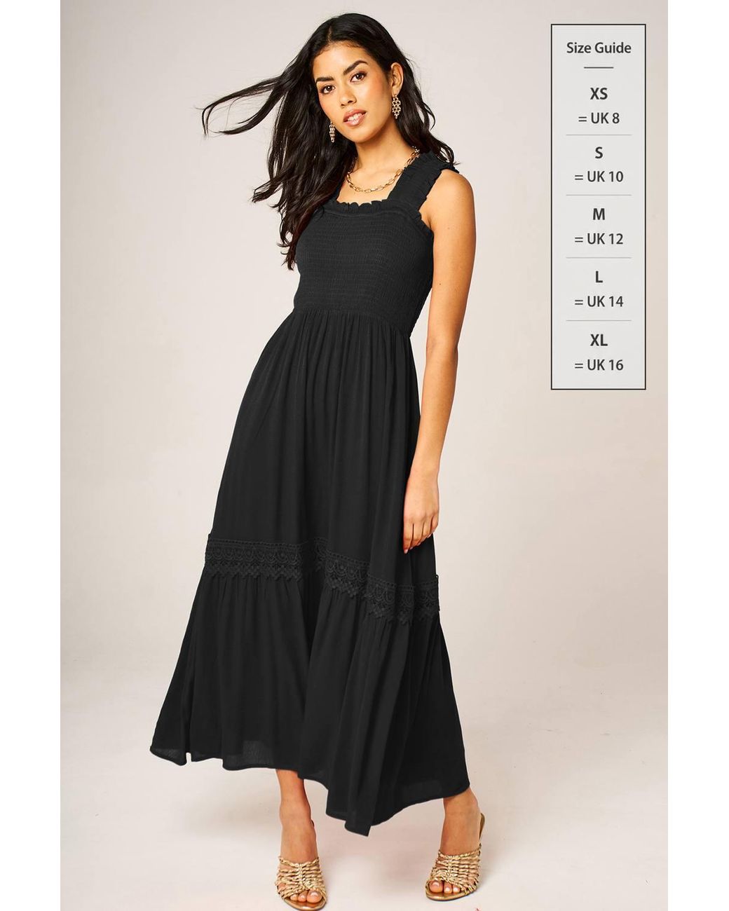 FS Collection Black Shirred Bodice Tiered Midi Dress With Lace Trim