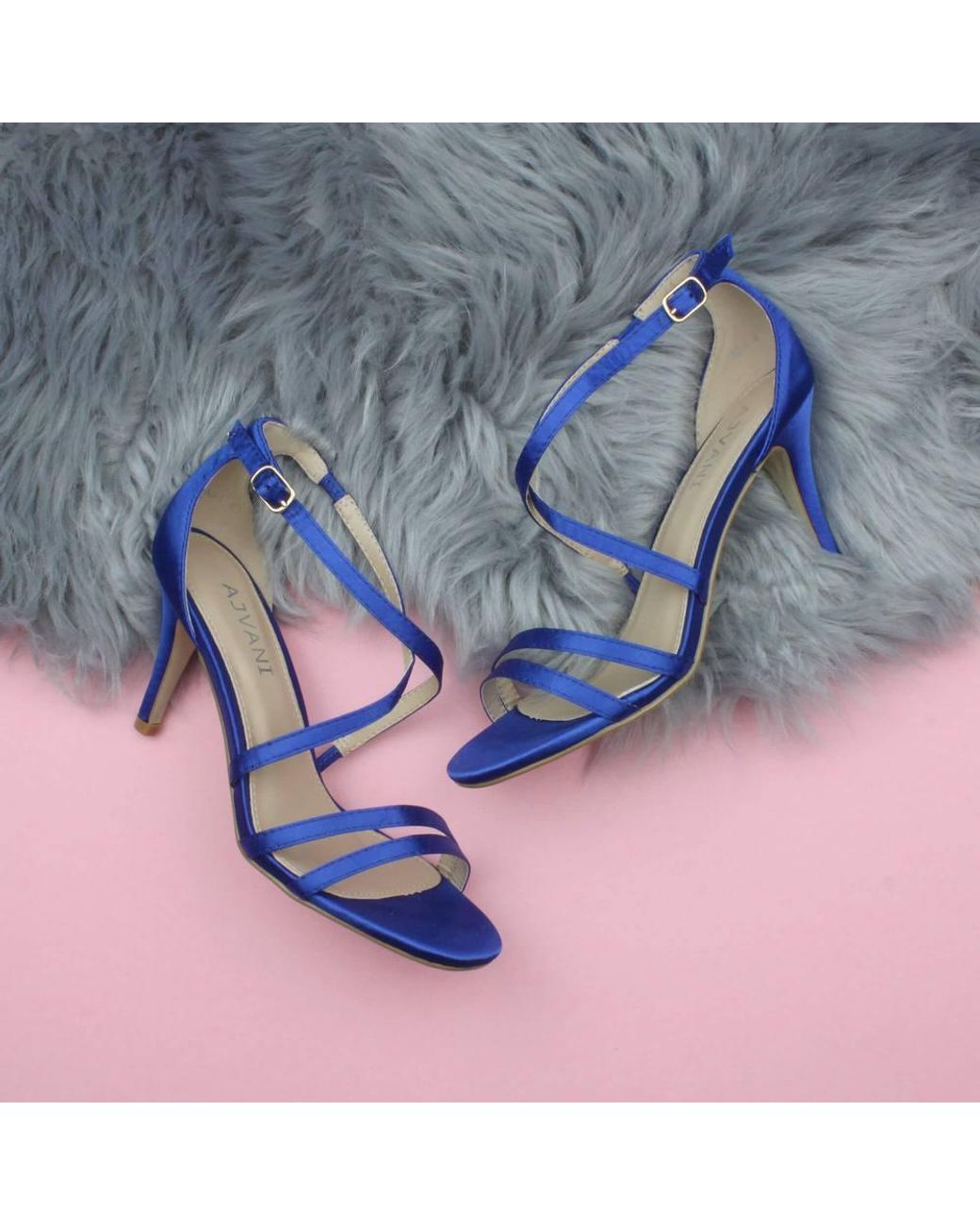AJVANI Blue Mid Heel Crossed Straps Wedding Bridal Sandals