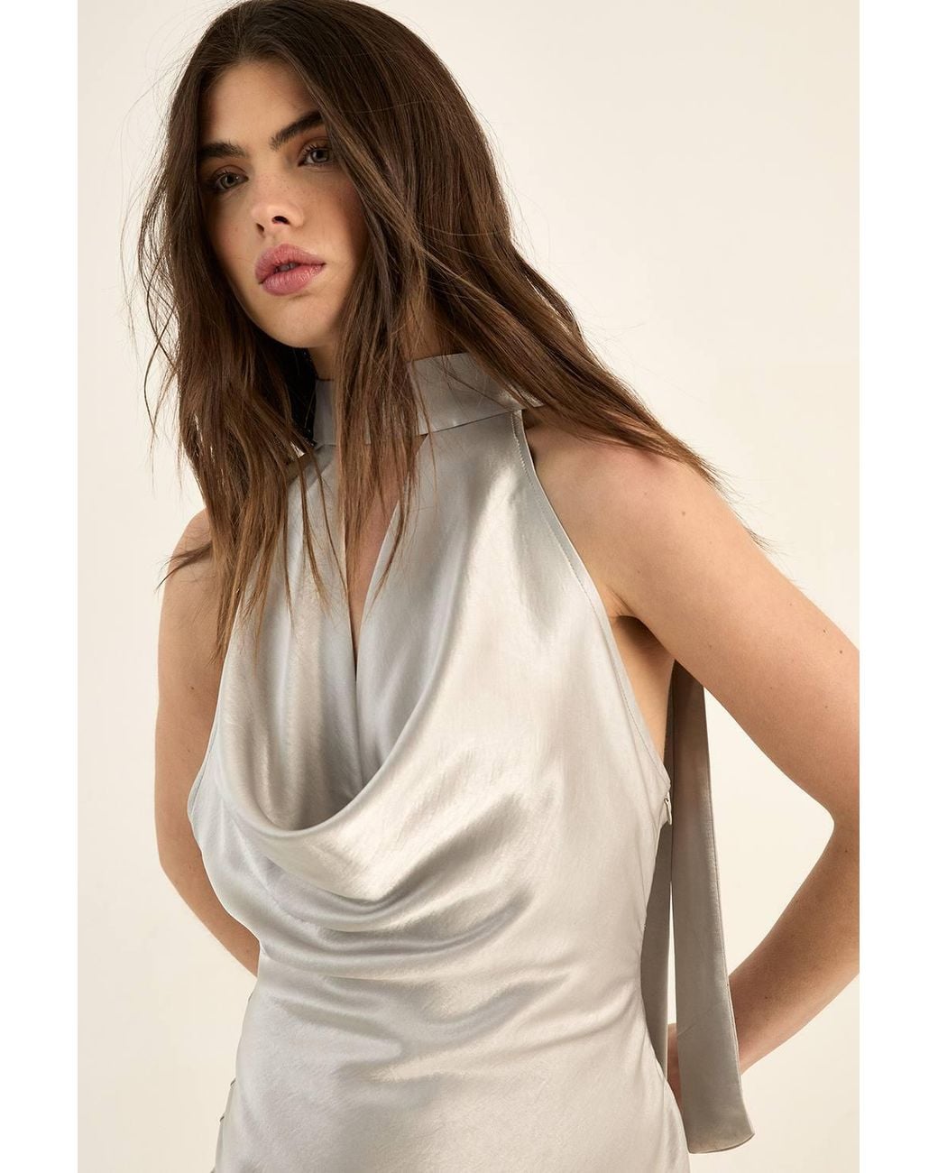 Nasty Gal Natural Satin Wrap Tie Neck Cowl Front Mini Dress