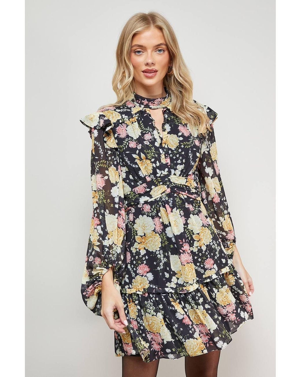 Oasis Natural Printed Ruched High Neck Mini Fit And Flare Dress