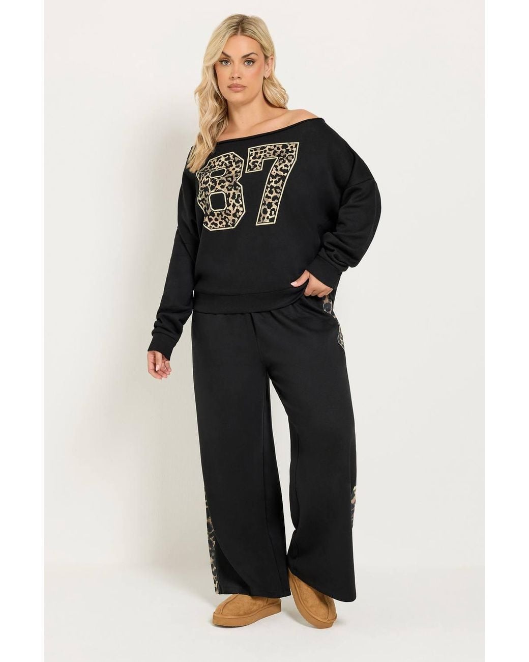 Yours Black Leopard Insert Wide Leg Joggers
