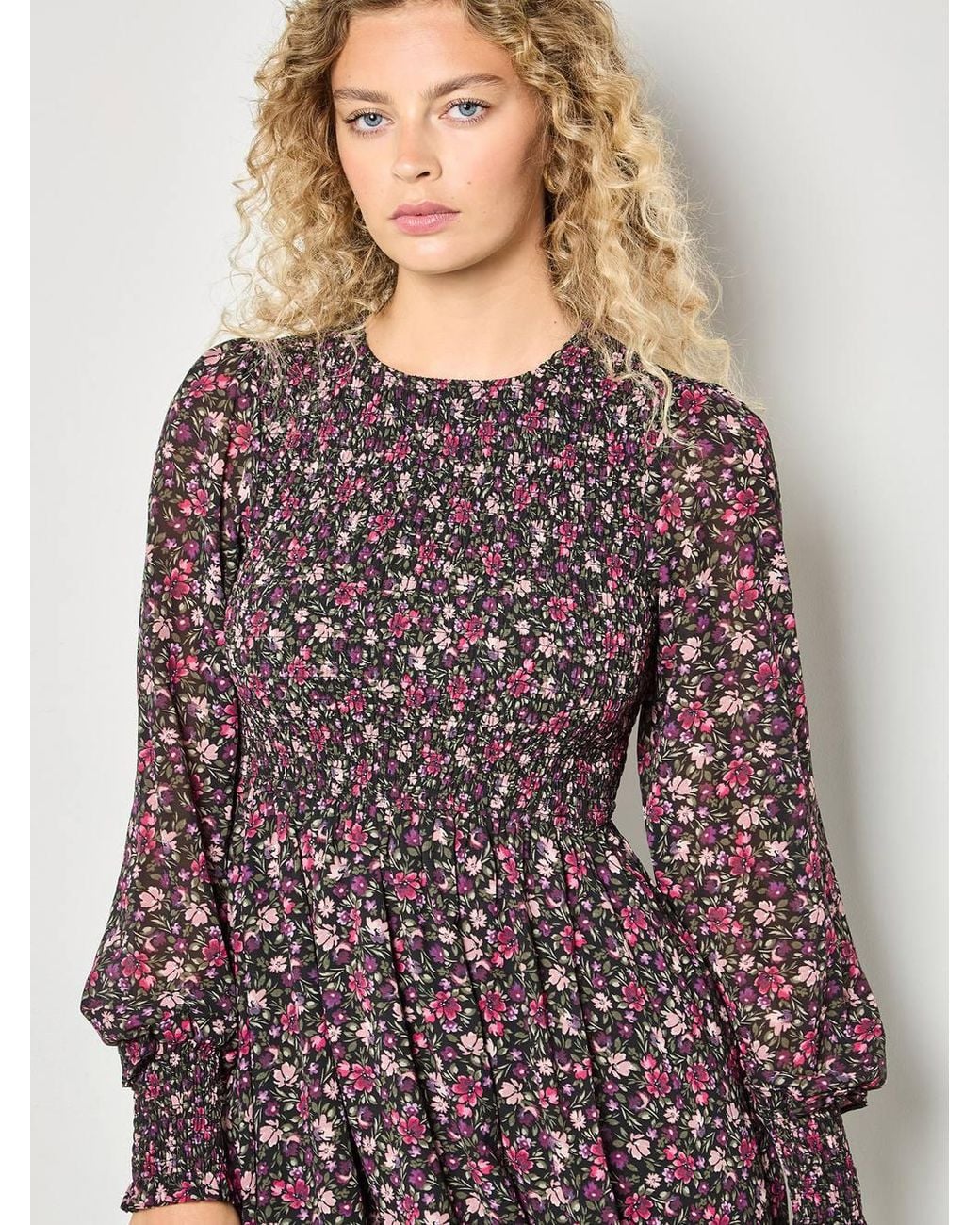 Apricot Purple Ditsy Floral Smocked Mini Dress