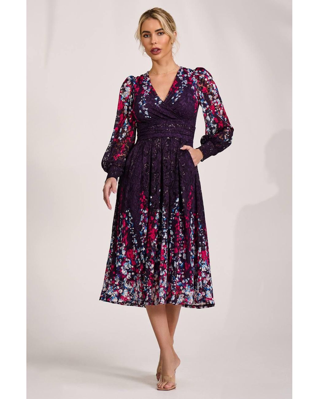 Jolie Moi Purple Long Sleeve Printed Lace Midi Dress