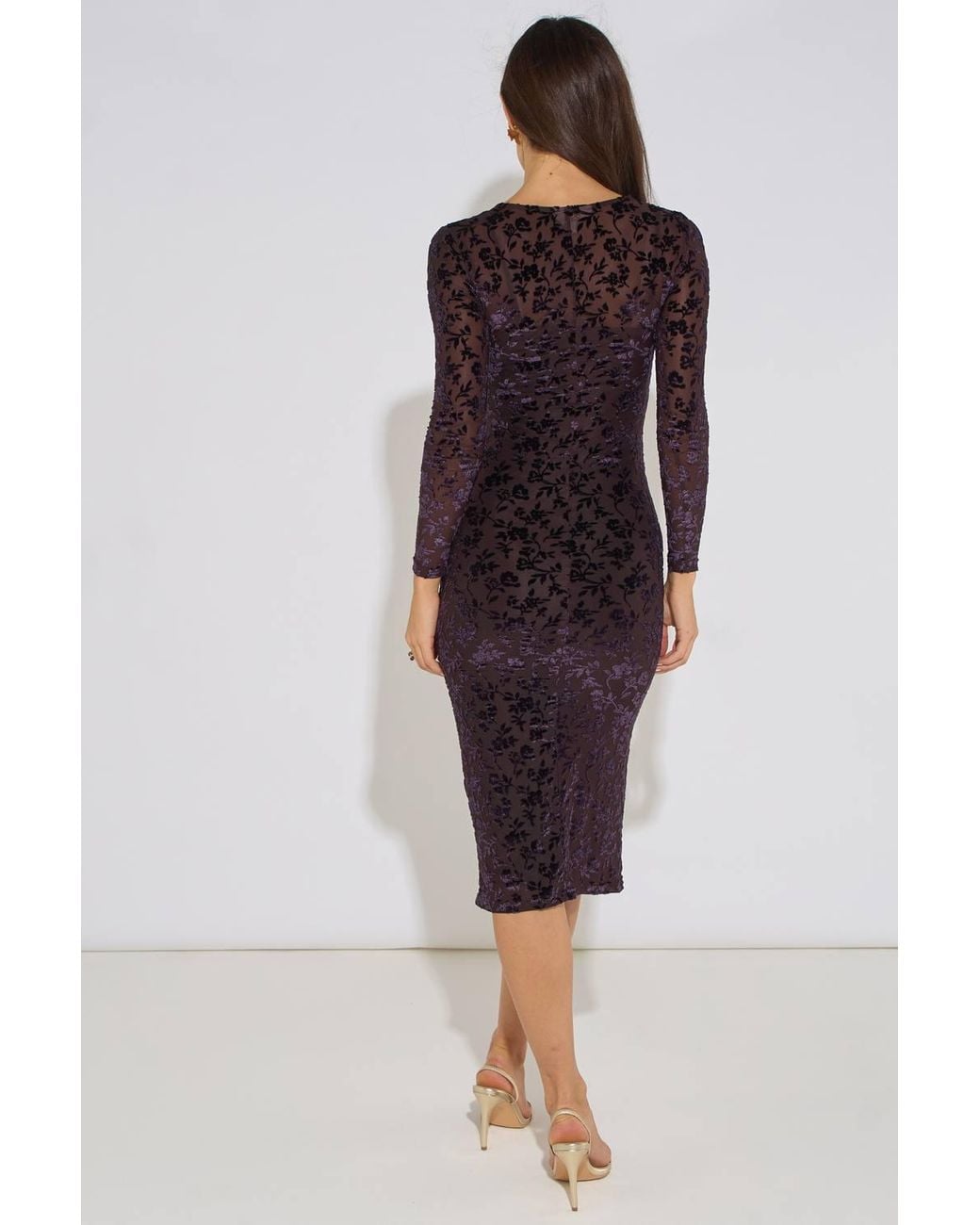Gini London Black Floral Velour Ruched Front Burnout Midi Dress